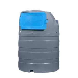 Zbiornik na AdBlue 1500 l Swimer Blue Tank Eco-Line ELDPS od frontu, z zamkniętą niebieską klapą szafki i logo producenta