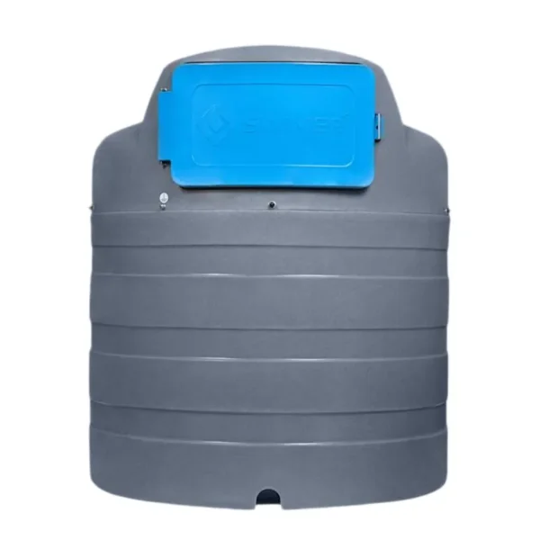 Zbiornik na AdBlue 2500 l Swimer Blue Tank Eco-Line ELDPS widziany od przodu, z zamkniętą niebieską szafką z logo Swimer