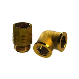 Mosiężne złącze obrotowe i kolanko 90 stopni do zwijaka węża, gwint 1" BSP, rozłożone na jasnym tle.